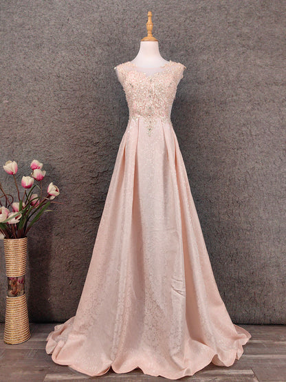 Elegantes rosa A-Linien-ärmelloses Rundhals-Spitzen-Strass-Brokat-Satin-langes Ballkleid Abendkleid P4658