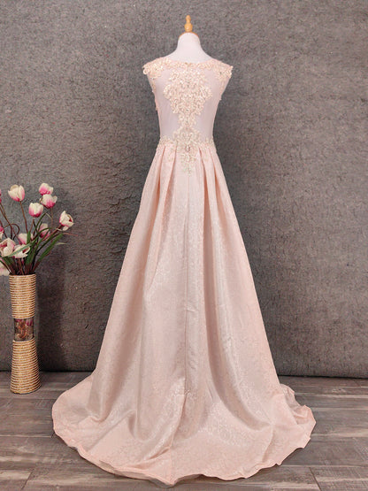 Elegantes rosa A-Linien-ärmelloses Rundhals-Spitzen-Strass-Brokat-Satin-langes Ballkleid Abendkleid P4658