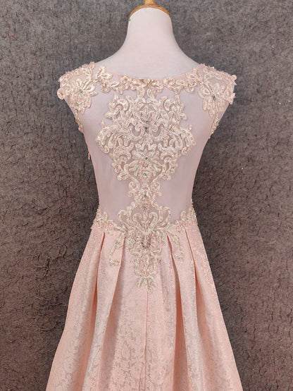 Elegantes rosa A-Linien-ärmelloses Rundhals-Spitzen-Strass-Brokat-Satin-langes Ballkleid Abendkleid P4658