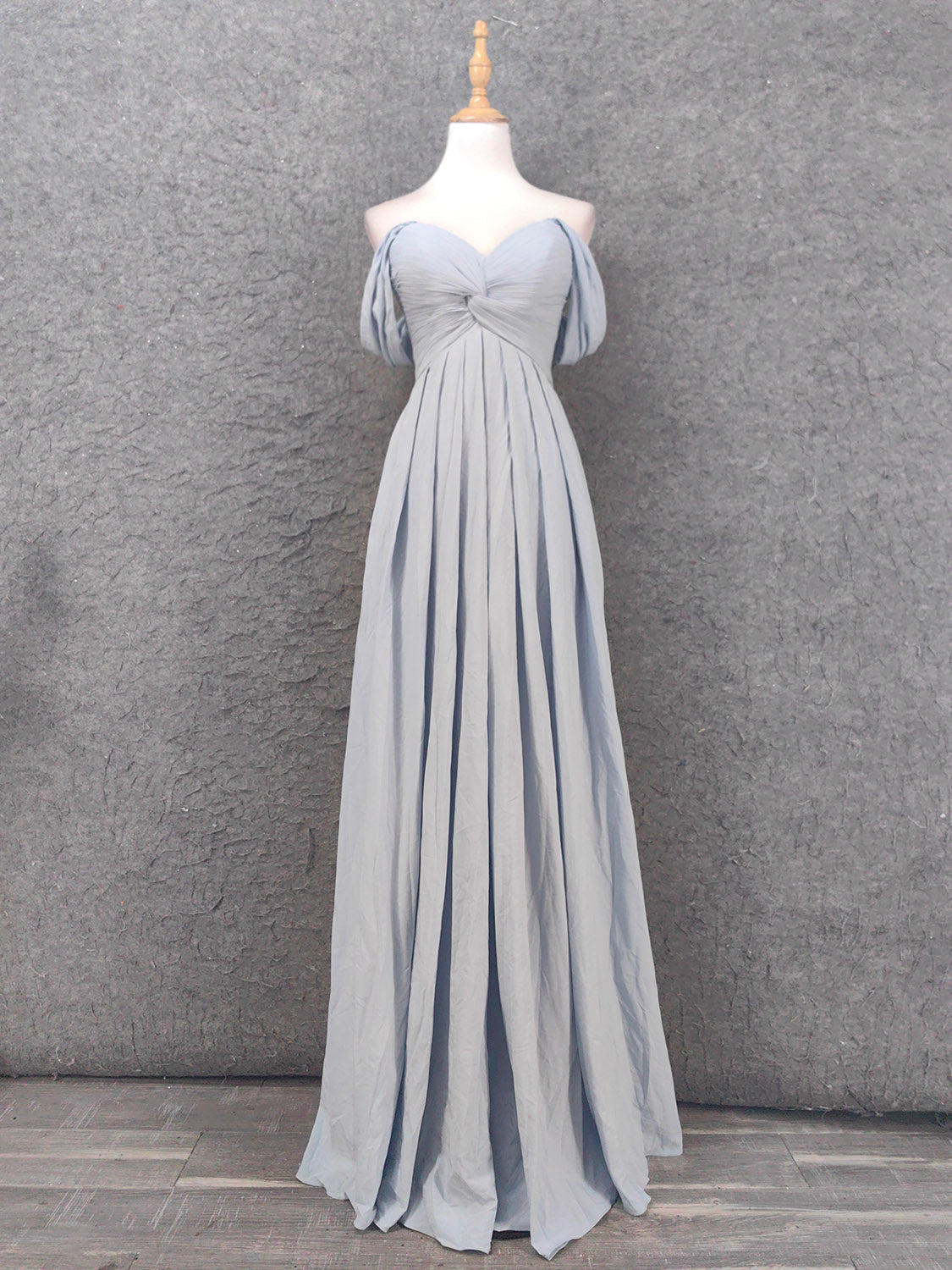 Elegant Light Gray A-Line Off-Shoulder Twist Ruffled Chiffon Long Prom Dress Evening Dress Bridesmaid Dress P4659