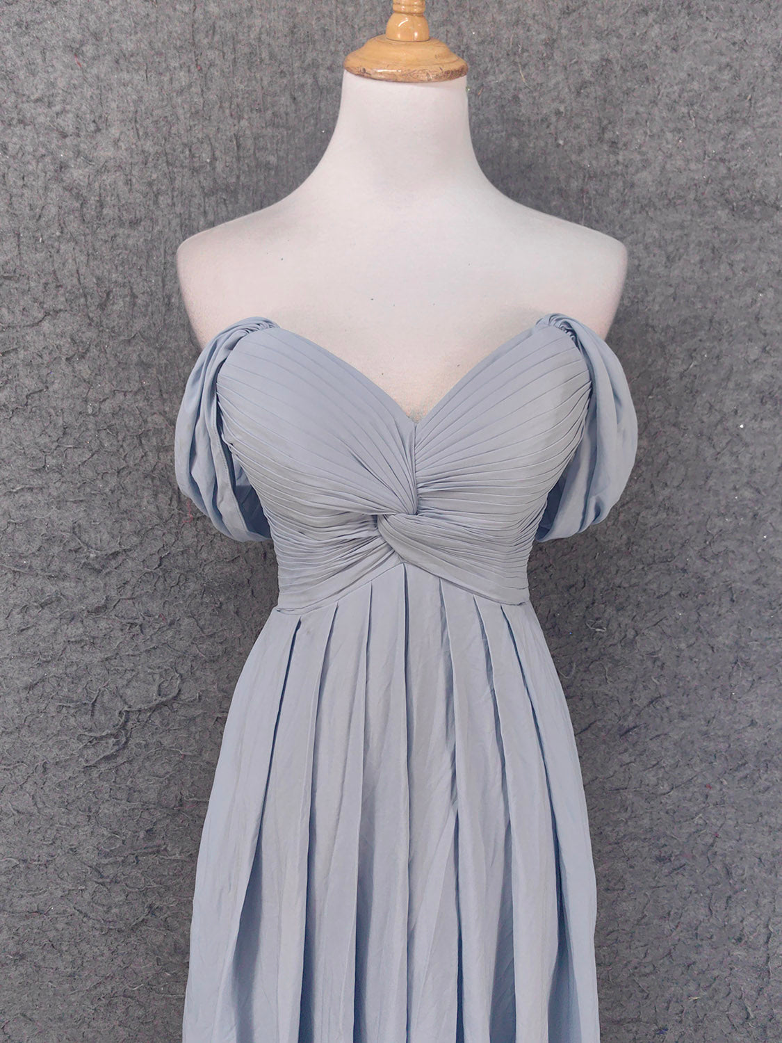 Elegant Light Gray A-Line Off-Shoulder Twist Ruffled Chiffon Long Prom Dress Evening Dress Bridesmaid Dress P4659