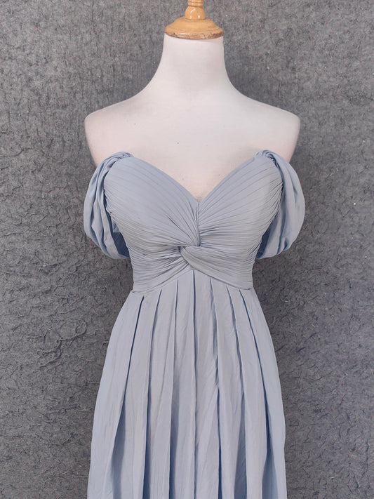 Elegant Light Gray A-Line Off-Shoulder Twist Ruffled Chiffon Long Prom Dress Evening Dress Bridesmaid Dress P4659
