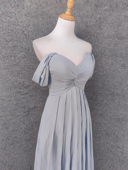 Elegantes, hellgraues, schulterfreies A-Linien-Abendkleid mit gerafftem Chiffon und Twist, langes Ballkleid, Brautjungfernkleid P4659