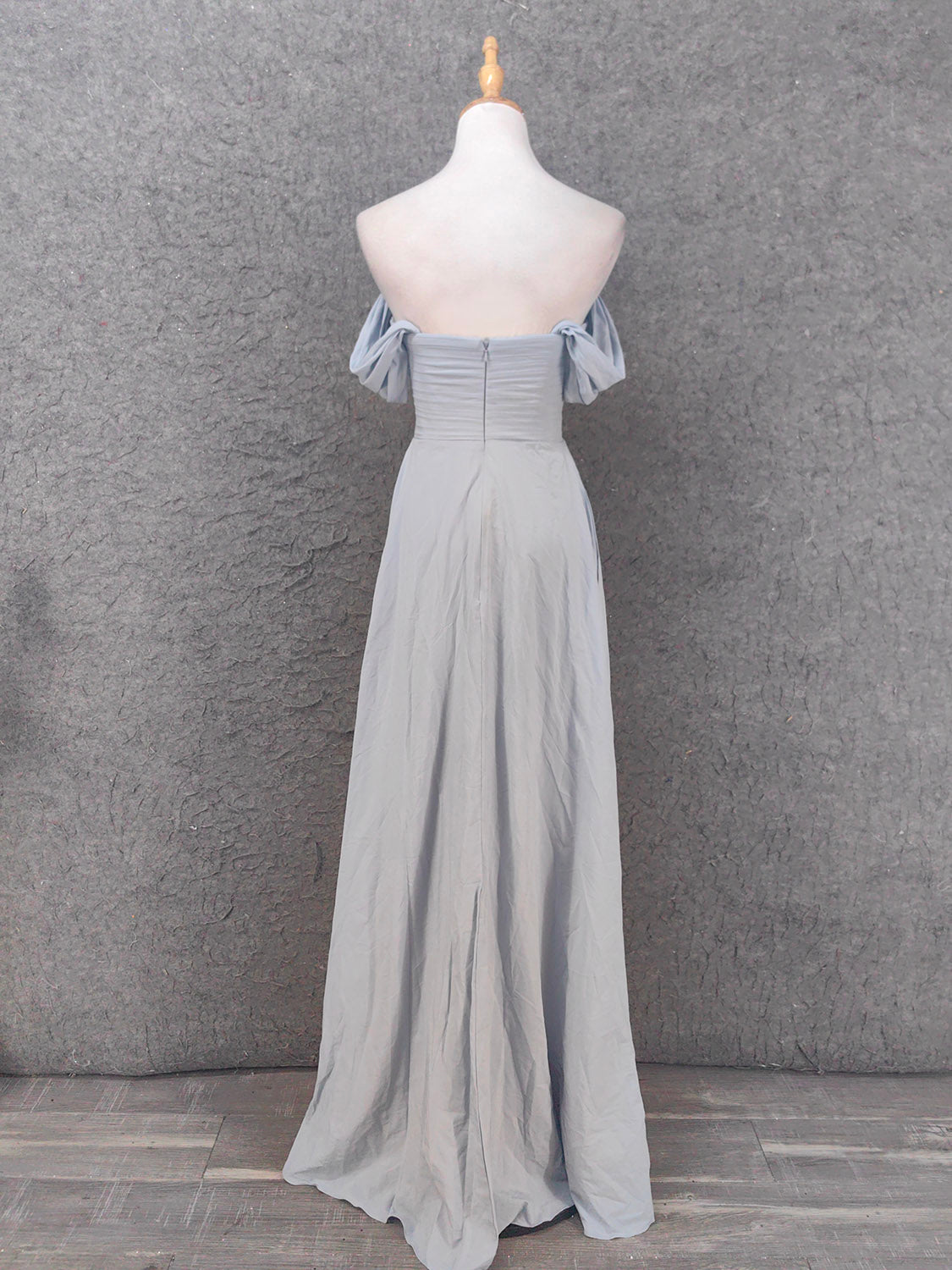 Elegant Light Gray A-Line Off-Shoulder Twist Ruffled Chiffon Long Prom Dress Evening Dress Bridesmaid Dress P4659