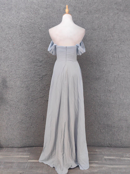 Elegantes, hellgraues, schulterfreies A-Linien-Abendkleid mit gerafftem Chiffon und Twist, langes Ballkleid, Brautjungfernkleid P4659
