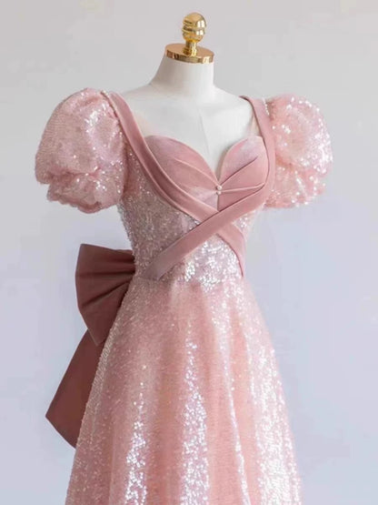 Prinzessin A-Linie Rosa Kurzarm Pailletten Langes Ballkleid P1007