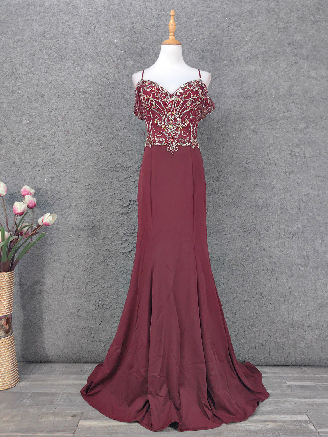 Vintage Bordeaux Spaghettiträger V-Ausschnitt Perlen Chiffon Langes Ballkleid Abendkleid P4660