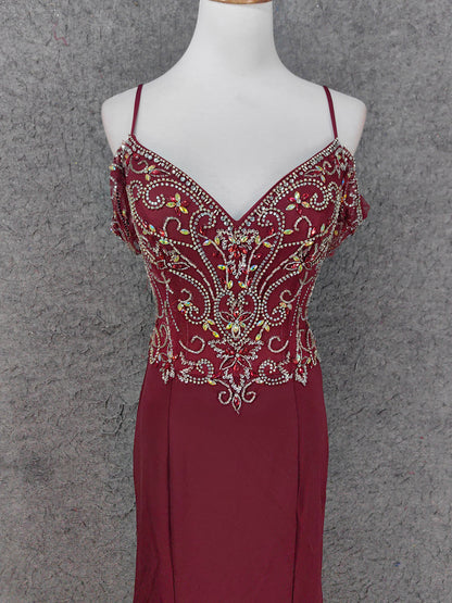 Vintage Bordeaux Spaghettiträger V-Ausschnitt Perlen Chiffon Langes Ballkleid Abendkleid P4660