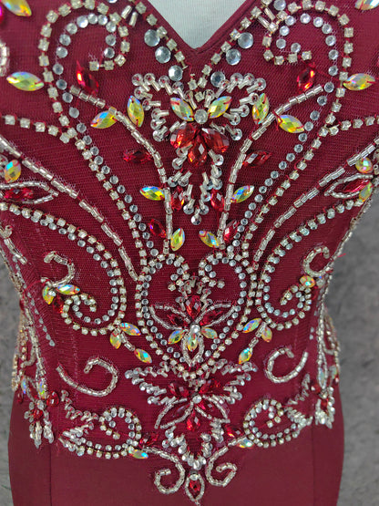 Vintage Bordeaux Spaghettiträger V-Ausschnitt Perlen Chiffon Langes Ballkleid Abendkleid P4660