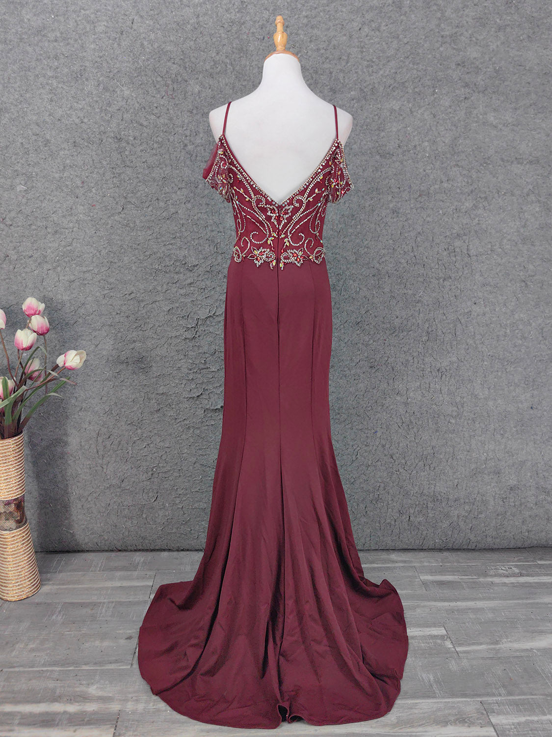 Vintage Bordeaux Spaghettiträger V-Ausschnitt Perlen Chiffon Langes Ballkleid Abendkleid P4660