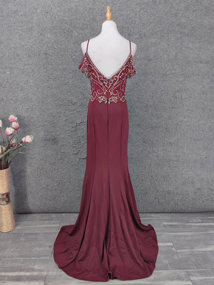 Vintage Bordeaux Spaghettiträger V-Ausschnitt Perlen Chiffon Langes Ballkleid Abendkleid P4660