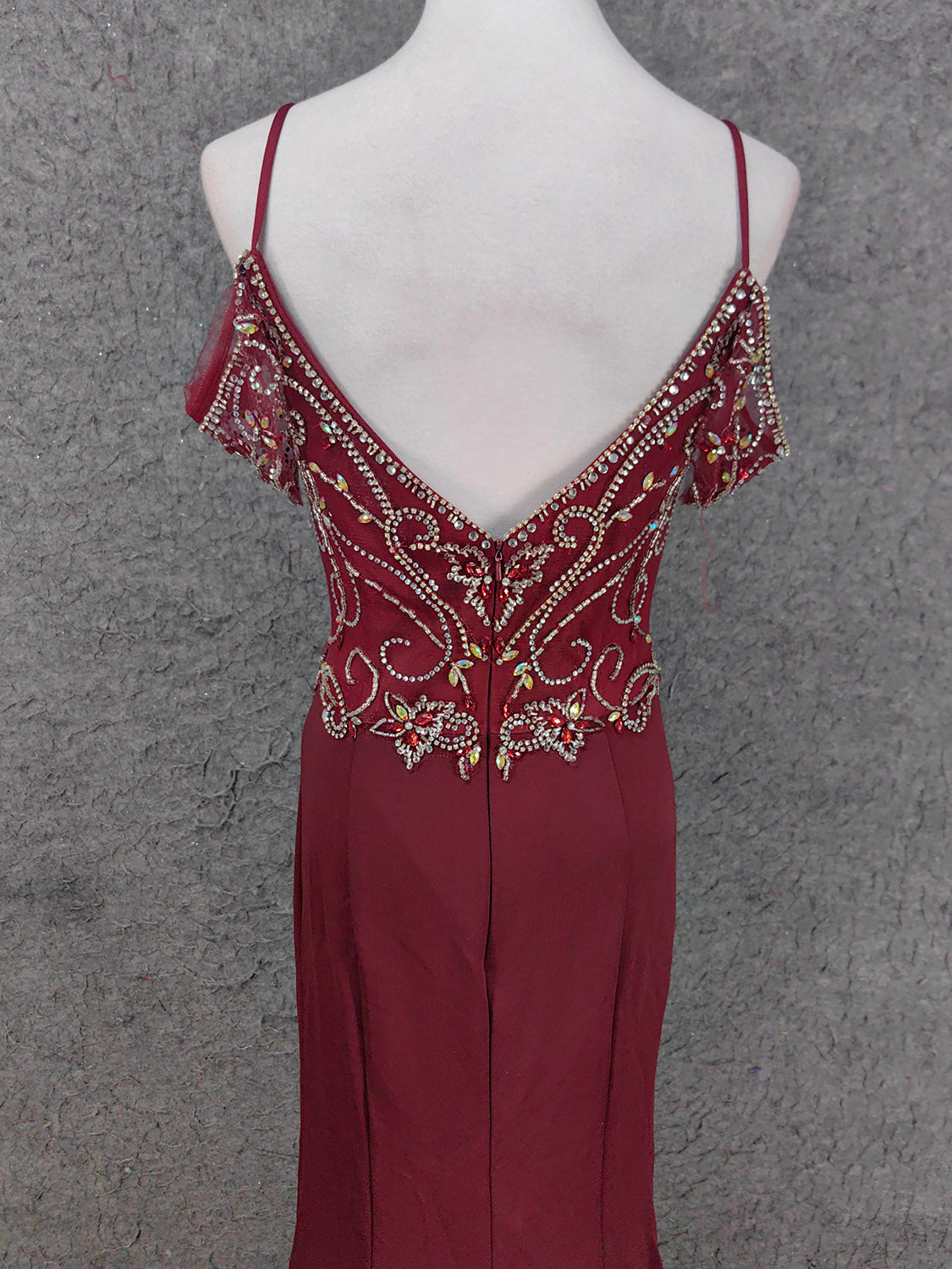 Vintage Bordeaux Spaghettiträger V-Ausschnitt Perlen Chiffon Langes Ballkleid Abendkleid P4660