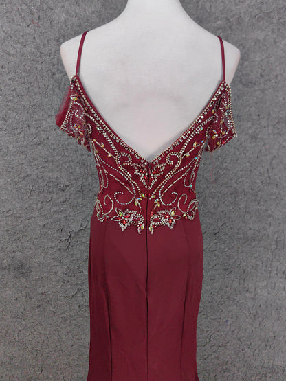 Vintage Bordeaux Spaghettiträger V-Ausschnitt Perlen Chiffon Langes Ballkleid Abendkleid P4660