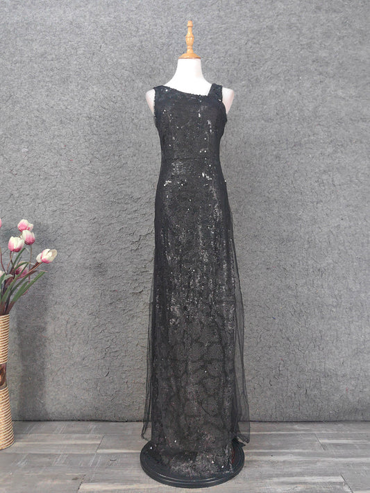 Robe de bal longue en tulle à sequins asymétrique, coupe ajustée, noire classique, robe de soirée P4661