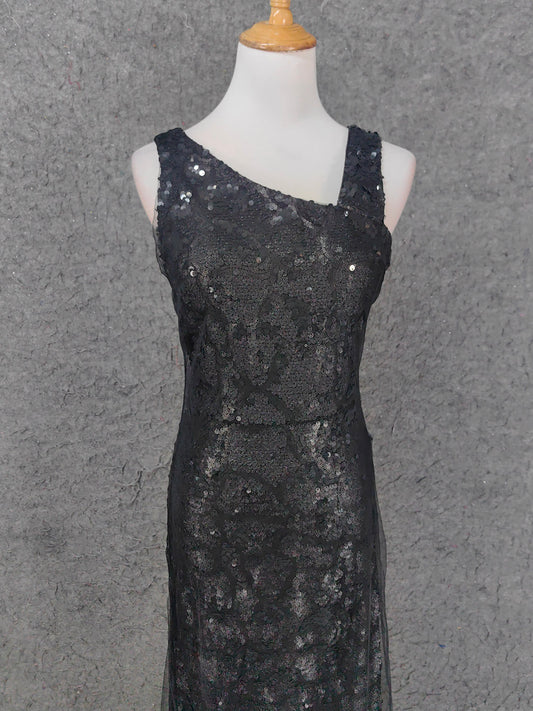 Robe de bal longue en tulle à sequins asymétrique, coupe ajustée, noire classique, robe de soirée P4661