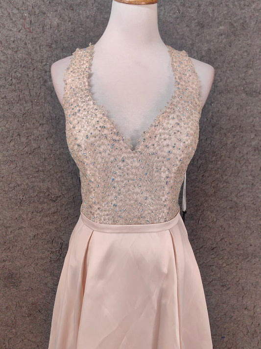 Elegantes rosa Neckholder-Kleid mit V-Ausschnitt, Strass und Spitze aus Satin, langes Ballkleid, Abendkleid P4662