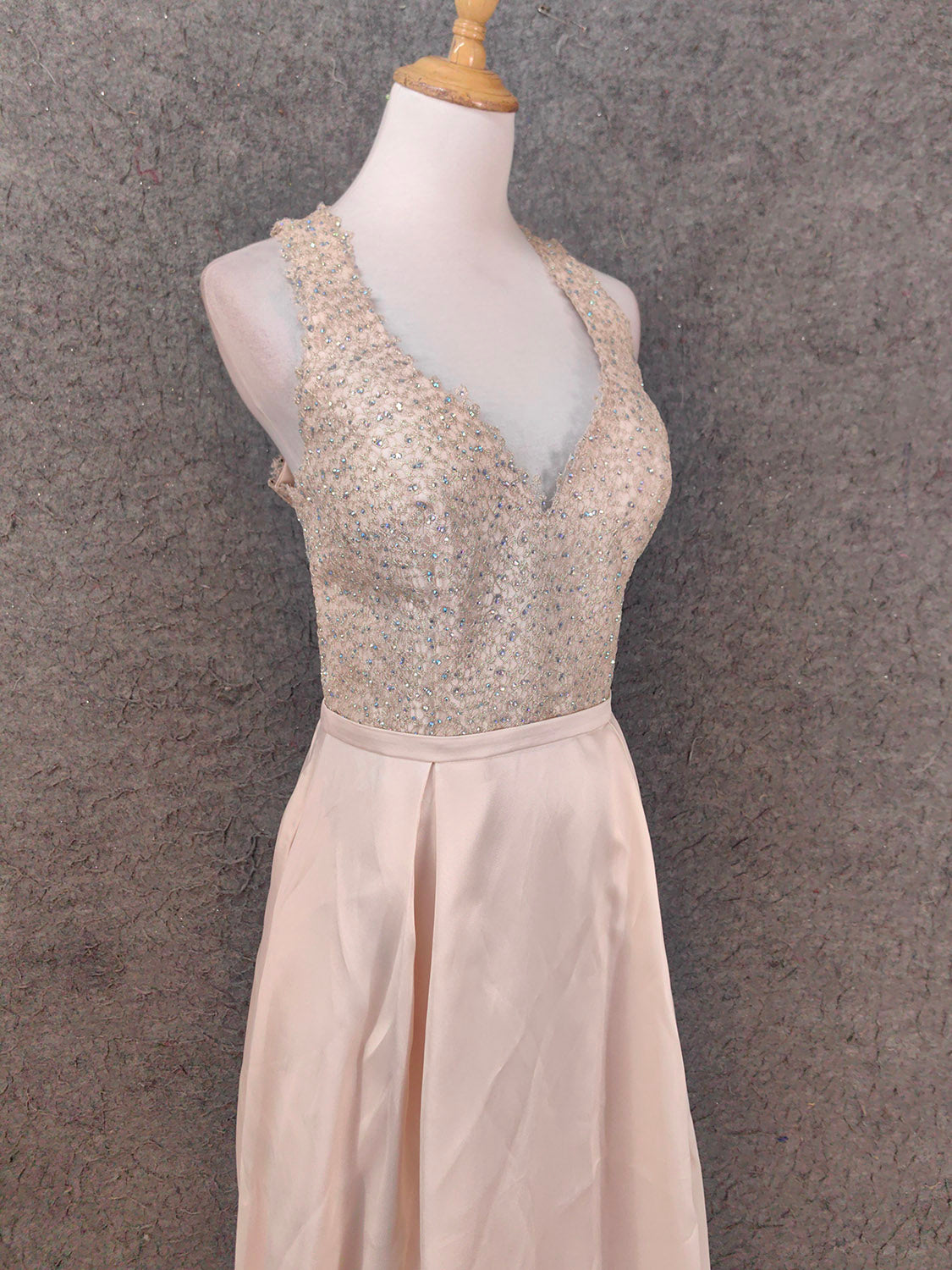 Elegantes rosa Neckholder-Kleid mit V-Ausschnitt, Strass und Spitze aus Satin, langes Ballkleid, Abendkleid P4662
