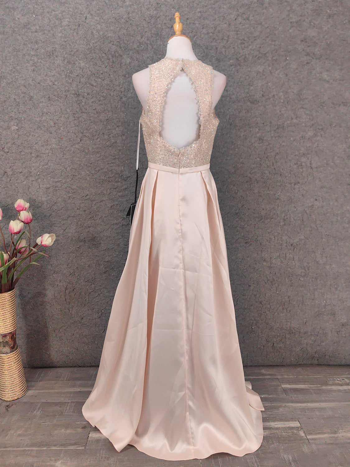 Elegantes rosa Neckholder-Kleid mit V-Ausschnitt, Strass und Spitze aus Satin, langes Ballkleid, Abendkleid P4662