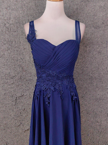 Elegantes marineblaues Spaghettiträger-Kleid aus Spitze mit Rüschen aus Chiffon, langes Ballkleid Abendkleid P4664