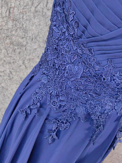 Elegantes marineblaues Spaghettiträger-Kleid aus Spitze mit Rüschen aus Chiffon, langes Ballkleid Abendkleid P4664