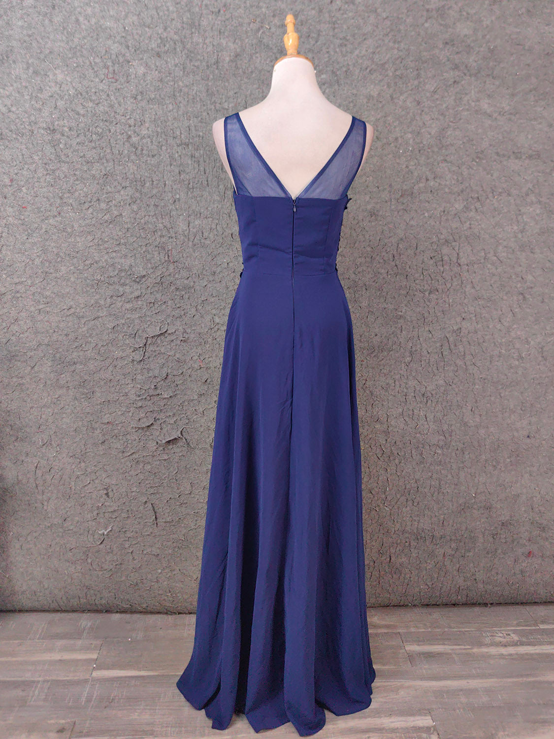 Elegant Navy Blue Spaghetti Strap Lace Ruffled Chiffon Long Prom Dress Evening Dress P4664