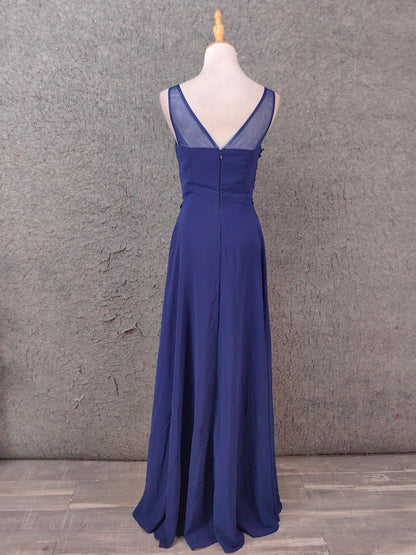 Elegantes marineblaues Spaghettiträger-Kleid aus Spitze mit Rüschen aus Chiffon, langes Ballkleid Abendkleid P4664