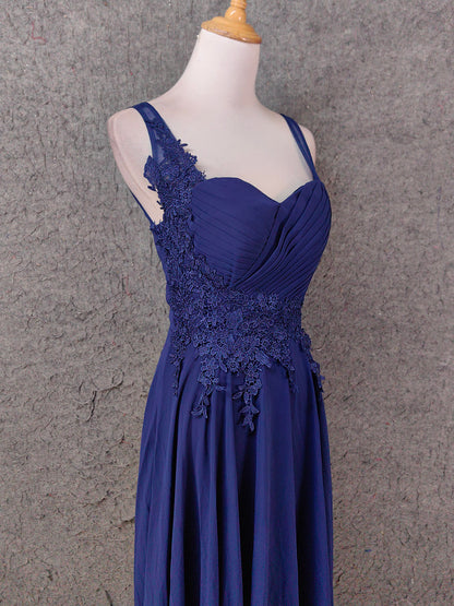 Elegantes marineblaues Spaghettiträger-Kleid aus Spitze mit Rüschen aus Chiffon, langes Ballkleid Abendkleid P4664