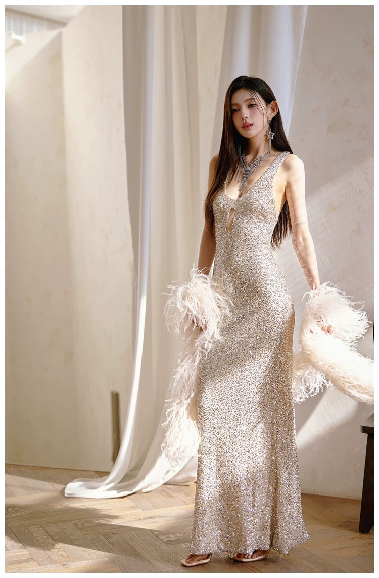 silver sexy dress 3D Sequin Spaghetti Strap Mermaid High Slit Shiny Evening Dresses, CP1099 US16 / As Pic giving it a and elegant look ZARA WOMEN SIZES S, M,