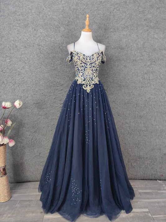 Vintage Navy Blue Off-Shoulder Gold Embroidered Rhinestone Tulle Long Prom Dress Evening Dress P4665