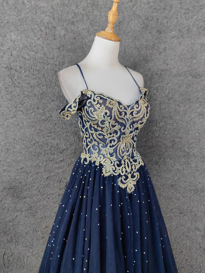 Vintage Navy Blue Off-Shoulder Gold Embroidered Rhinestone Tulle Long   PreppyDress