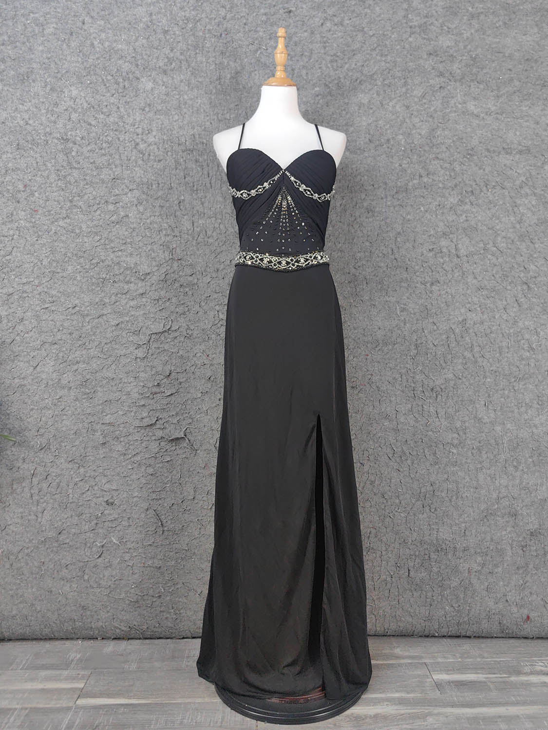 Elegant Black Spaghetti Strap Sequin Beaded Split Chiffon Long Prom Dress Evening Dress P4666