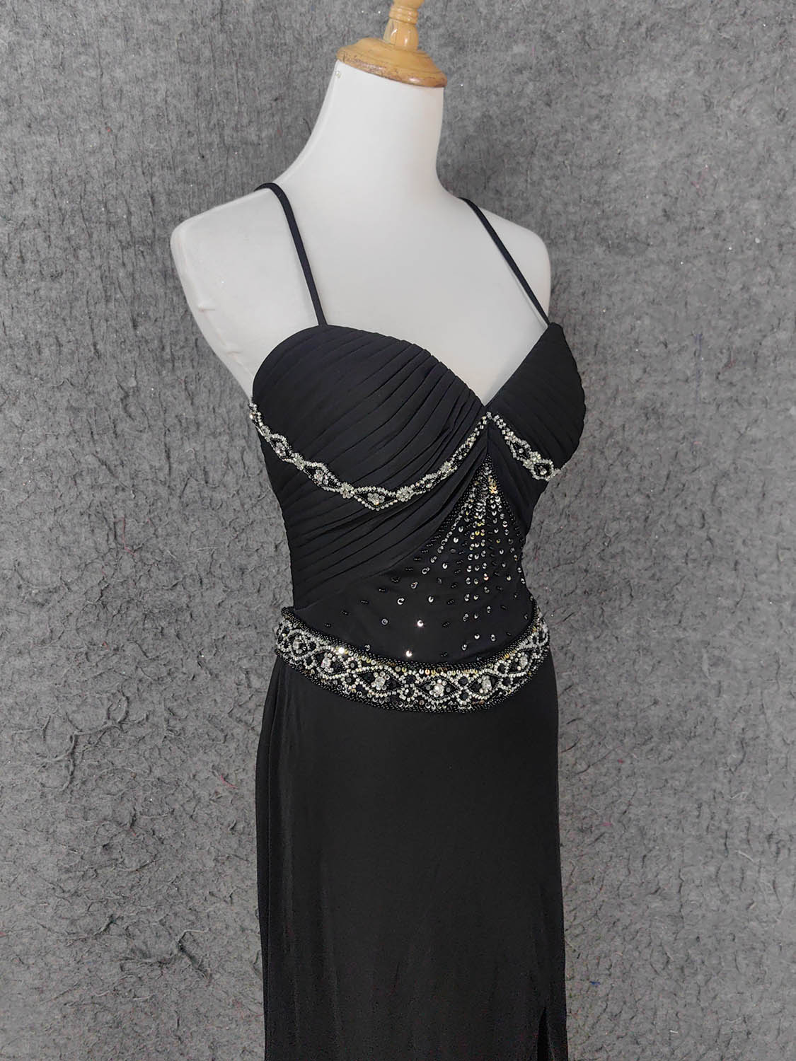 Elegant Black Spaghetti Strap Sequin Beaded Split Chiffon Long Prom Dress Evening Dress P4666