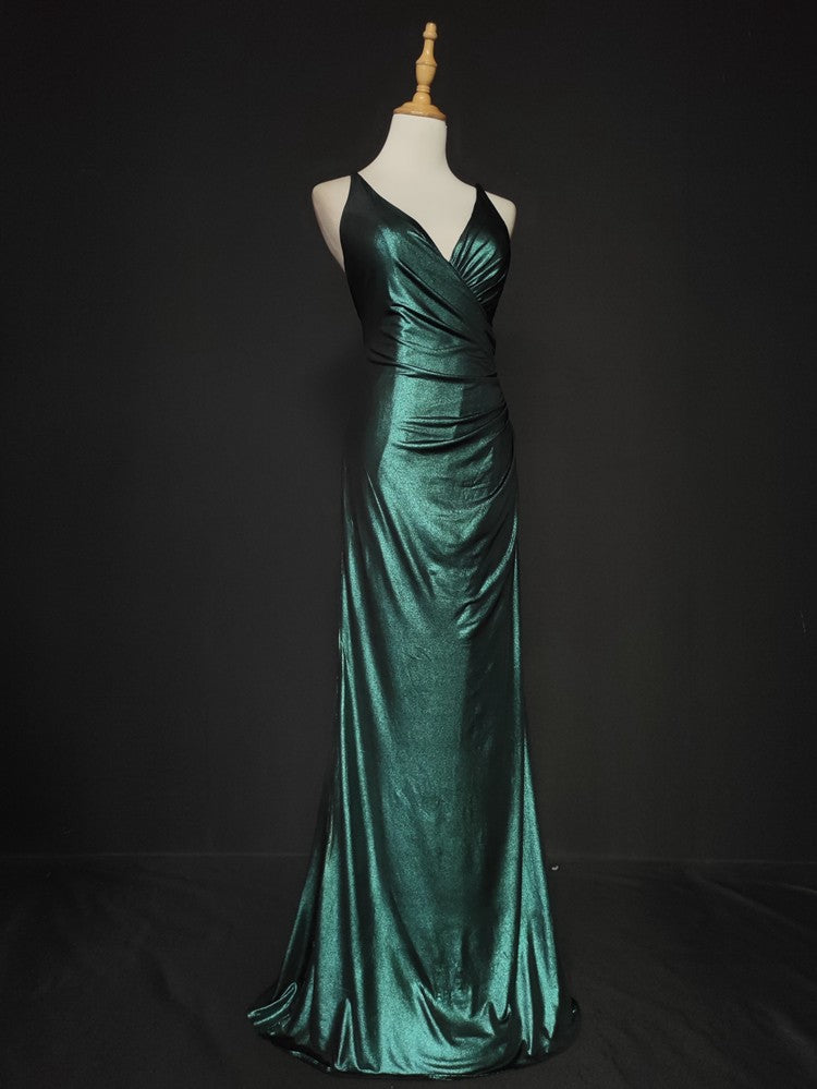 Elegantes grünes Satin-Abendkleid mit Spaghettiträgern, V-Ausschnitt und Rüschen, langes Ballkleid P4667