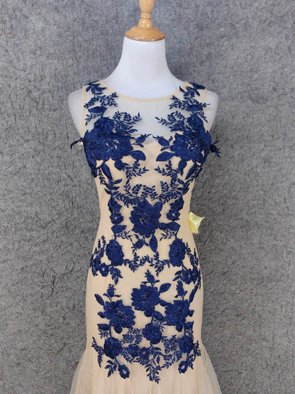 Vintage Creme Navy Meerjungfrau Rundhals Ärmellos Bestickter Tüll Langes Ballkleid Abendkleid P4668