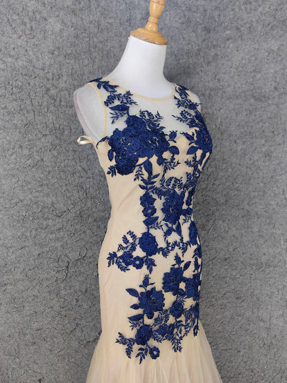 Vintage Creme Navy Meerjungfrau Rundhals Ärmellos Bestickter Tüll Langes Ballkleid Abendkleid P4668