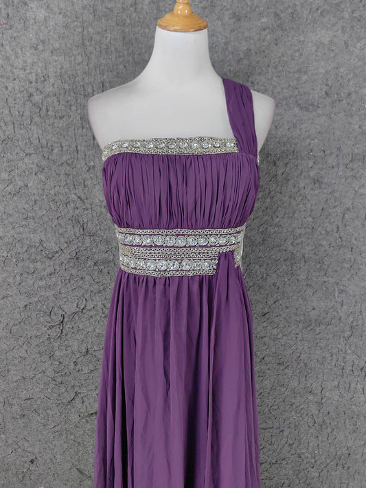 Ravissante robe de bal longue en mousseline violette à une épaule, encolure carrée et perles de strass, robe de soirée P4669