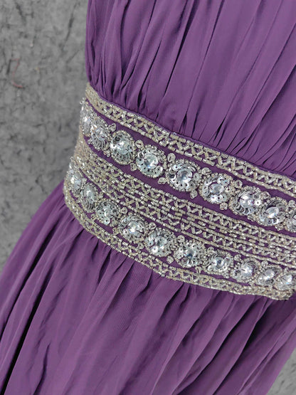 Charmantes violettes, schulterfreies, eckiges Dekolleté, mit Strasssteinen besetztes Chiffon-Abendkleid P4669