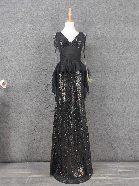 Robe de bal longue en tulle à paillettes et pampilles noires col en V vintage P4670