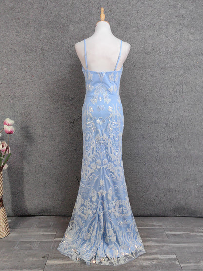 Elegantes hellblaues Meerjungfrauen-Abendkleid aus Tüll mit Pailletten, Spaghettiträgern und eckigem Ausschnitt, P4671