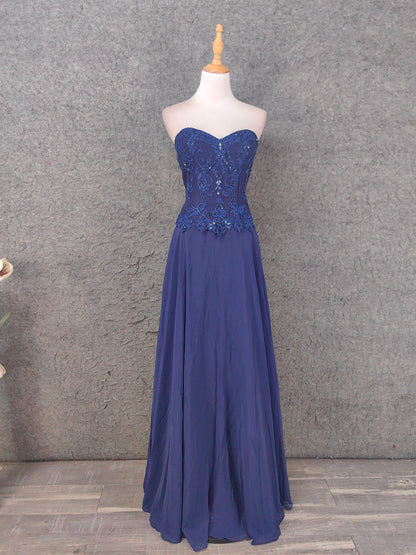 Vintage Blaues Sweetheart-Ausschnitt Besticktes Chiffon Langes Ballkleid Abendkleid P4672