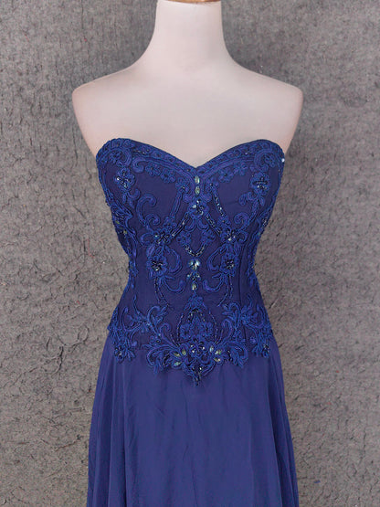 Vintage Blaues Sweetheart-Ausschnitt Besticktes Chiffon Langes Ballkleid Abendkleid P4672