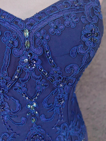 Vintage Blaues Sweetheart-Ausschnitt Besticktes Chiffon Langes Ballkleid Abendkleid P4672