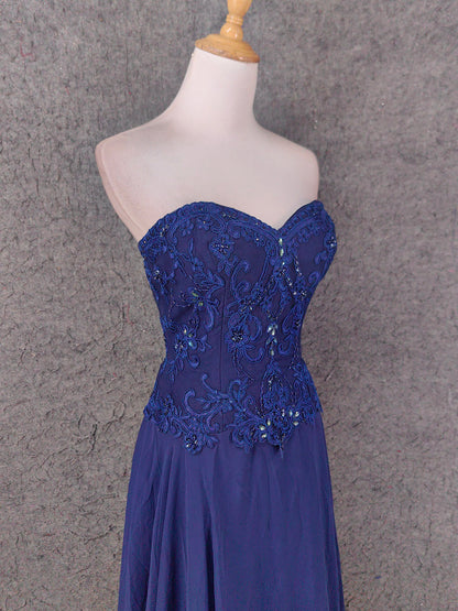 Vintage Blaues Sweetheart-Ausschnitt Besticktes Chiffon Langes Ballkleid Abendkleid P4672