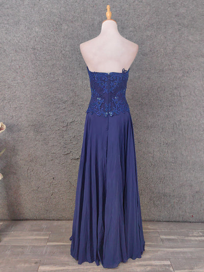 Vintage Blaues Sweetheart-Ausschnitt Besticktes Chiffon Langes Ballkleid Abendkleid P4672