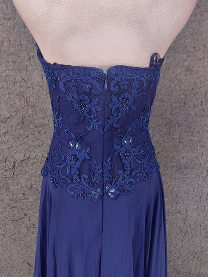 Vintage Blaues Sweetheart-Ausschnitt Besticktes Chiffon Langes Ballkleid Abendkleid P4672