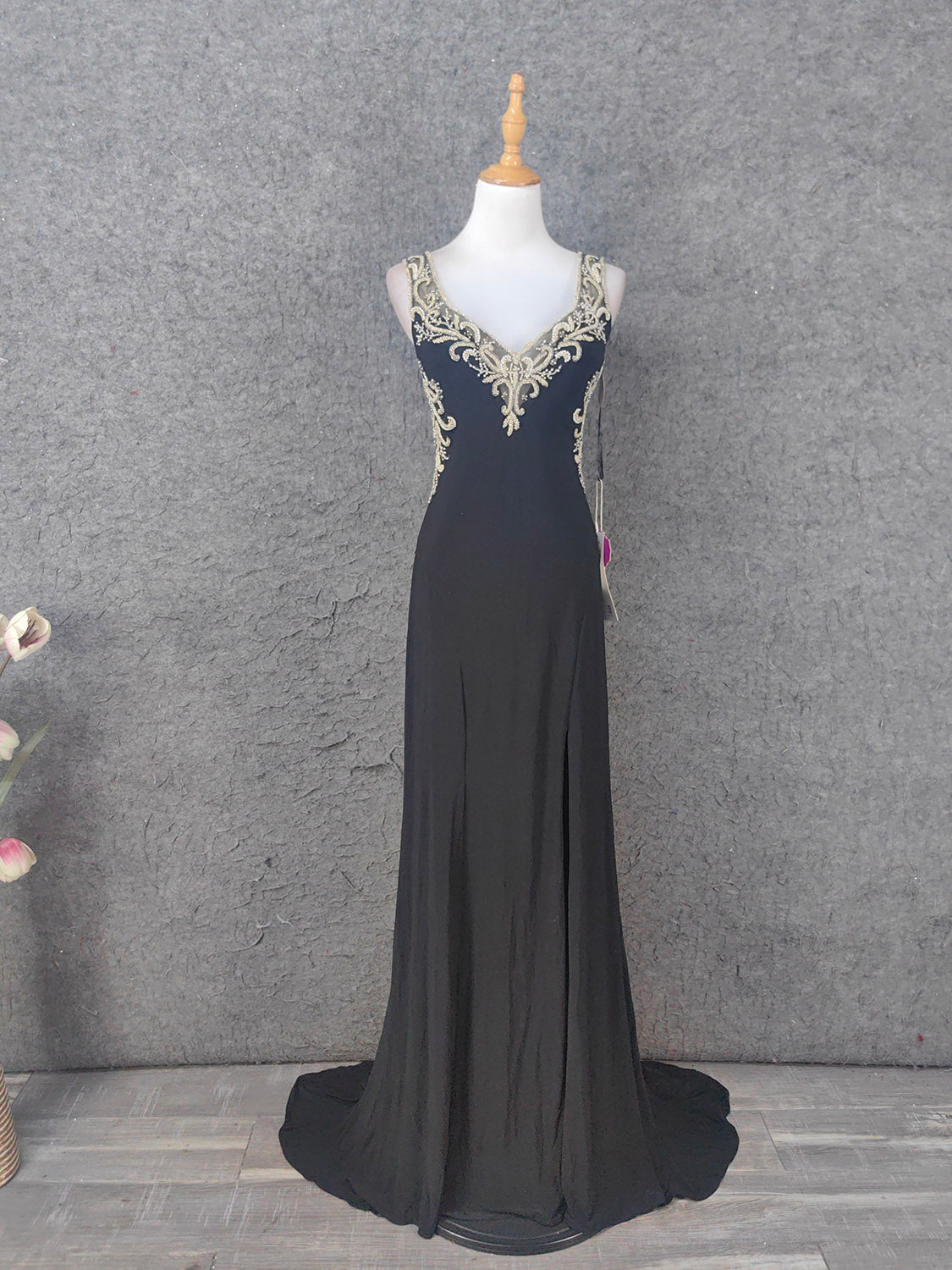 Vintage schwarzes V-Ausschnitt Perlen Chiffon langes Ballkleid Abendkleid P4673