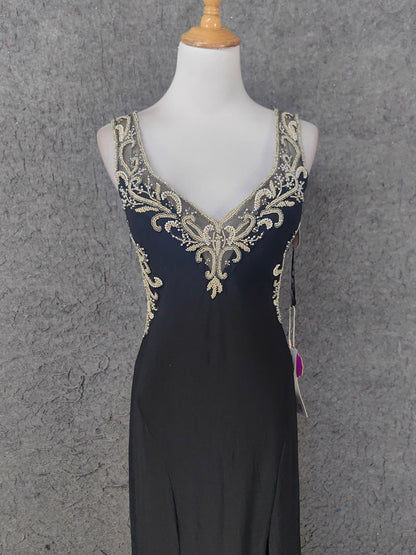 Vintage schwarzes V-Ausschnitt Perlen Chiffon langes Ballkleid Abendkleid P4673
