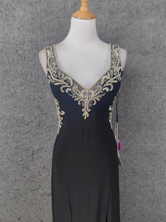 Robe de soirée longue en mousseline de soie noire vintage à col en V orné de perles P4673