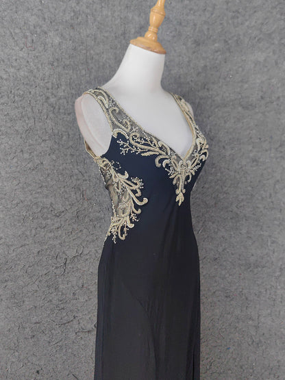 Vintage schwarzes V-Ausschnitt Perlen Chiffon langes Ballkleid Abendkleid P4673