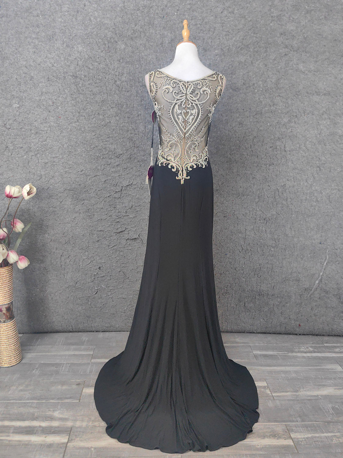 Vintage schwarzes V-Ausschnitt Perlen Chiffon langes Ballkleid Abendkleid P4673